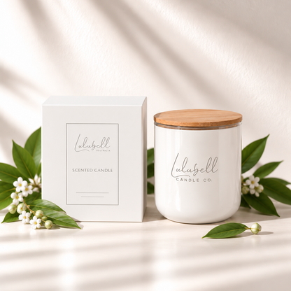 A white scented candle jar with a light wood lid sits beside its white box on a warm cream surface, styled with green leaves and small white flowers under soft diagonal shadows. The box and jar both show the Lulubell Candle Co branding.