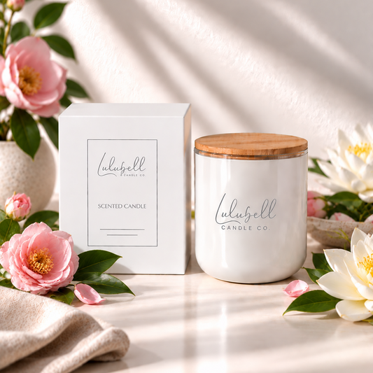 A white scented candle jar with a natural wood lid sits beside its white box, both printed with the brand name 'Lulubell Candle Co.' The scene is styled with pink and white flowers and soft sunlight shadows on a light surface.