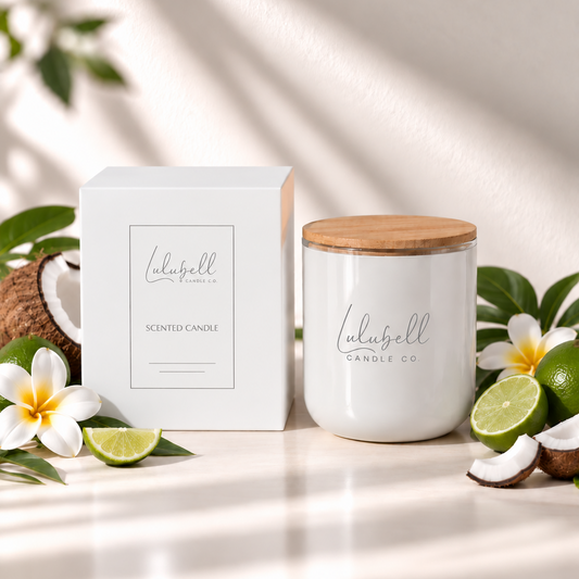 A white scented candle jar with a bamboo lid sits beside its white box on a sunlit surface, surrounded by tropical props including plumeria flowers, limes, coconut, and leaves. The labels read 'Lulubell Candle Co.