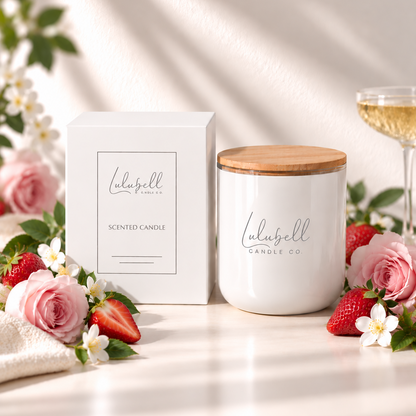 A white scented candle jar with a bamboo lid sits beside its white box on a sunlit surface, surrounded by pink roses, strawberries, white flowers, and a glass of white wine. The candle and box are branded Lulubell Candle Co.