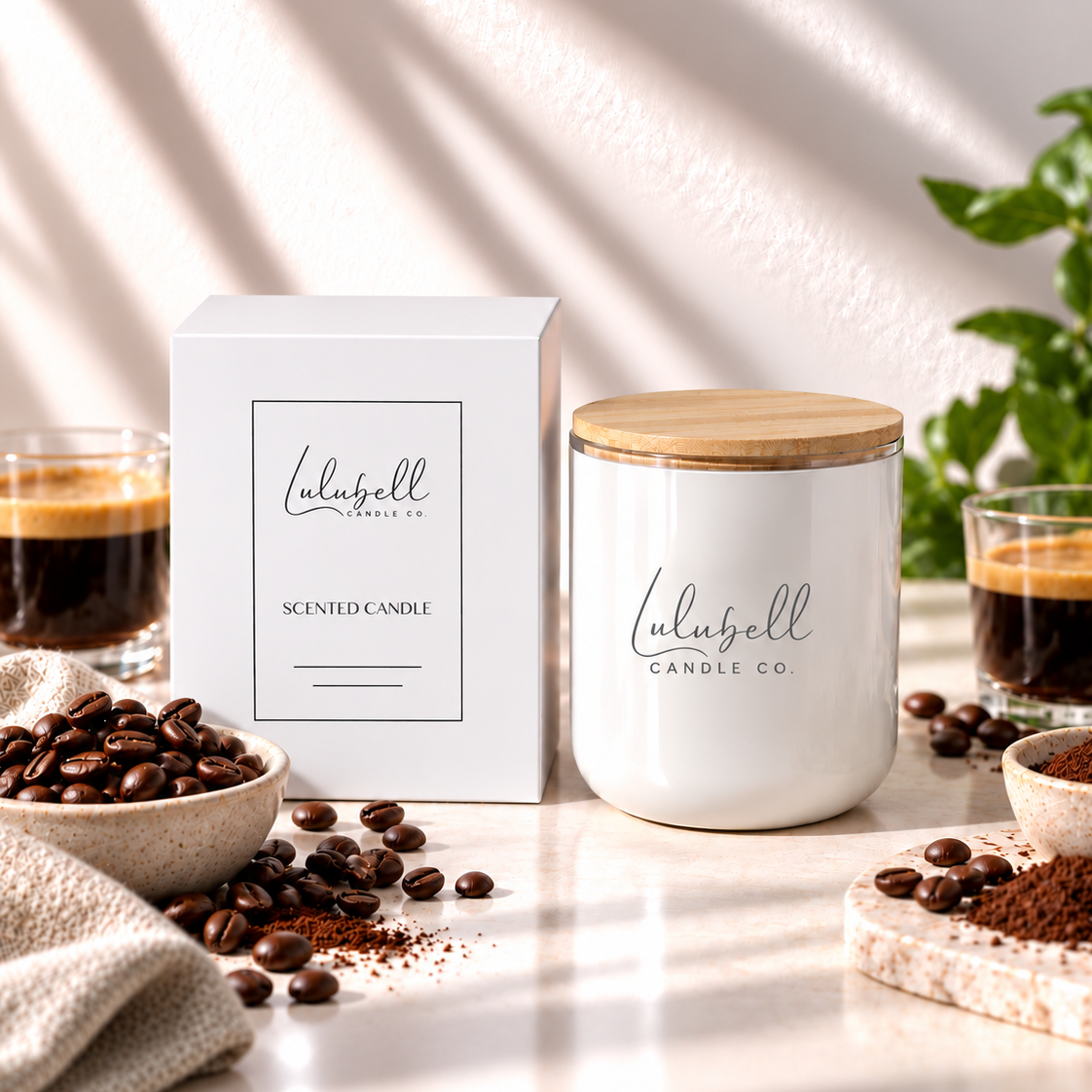 A white scented candle jar with a bamboo lid stands beside its white box, both printed with the brand name 'Lulubell Candle Co.' The scene is styled with coffee beans, espresso glasses, and a small bowl of coffee grounds on a sunlit surface.
