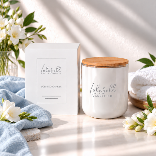 A white scented candle jar with a natural wood lid sits beside its white box on a bright countertop. The scene is styled with folded white towels, white flowers, green leaves, and a light blue cloth, with soft window light casting shadows across the surface.