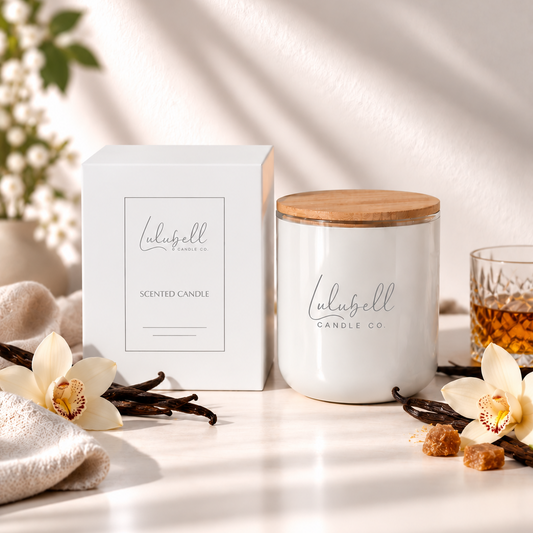 A white scented candle jar with a bamboo wood lid sits next to its white packaging box on a sunlit surface. The brand name 'Lulubell Candle Co' is printed on both the box and the jar.