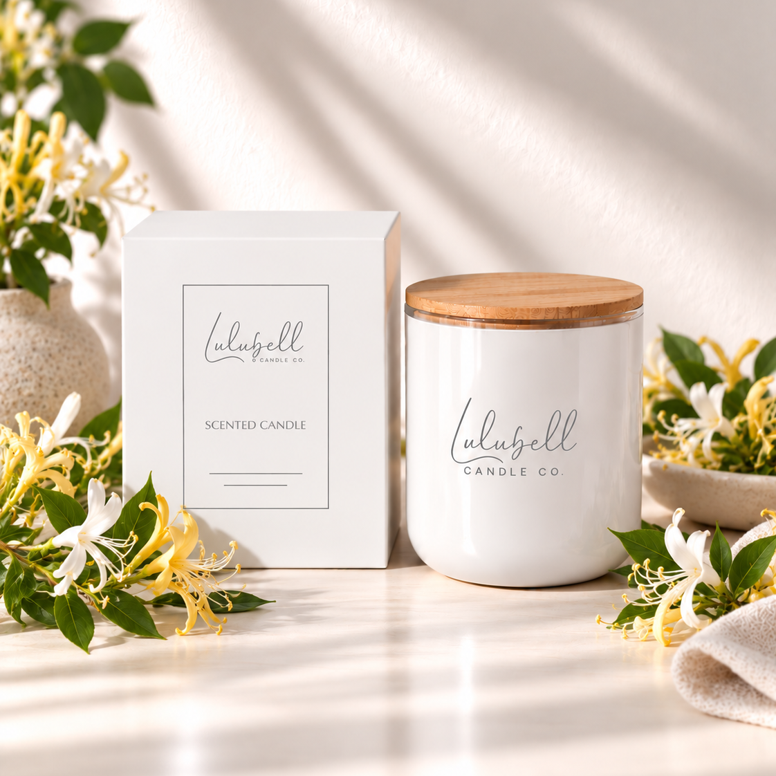A white scented candle jar with a light wood lid sits beside its matching white box on a sunlit surface, surrounded by japanese honeysuckle flowers and green leaves in a styled setting.