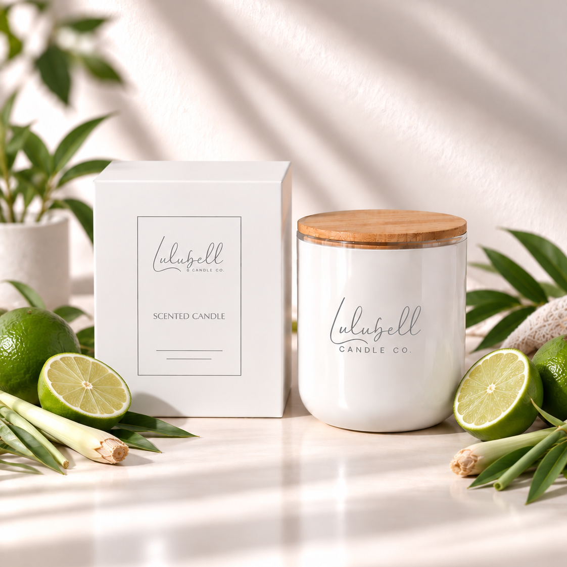 A white scented candle jar with a natural wood lid sits beside its white box on a bright surface, styled with limes, green onions, and leafy stems in soft sunlight. The labels read 'Lulubell Candle Co'.