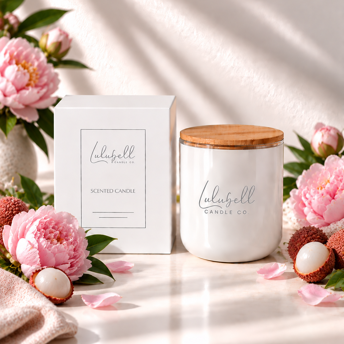 A white scented candle jar with a natural wood lid sits beside its white box on a bright white surface. The candle and box are branded 'Lulubell Candle Co.