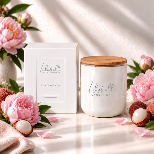 A white scented candle jar with a natural wood lid sits beside its white box on a bright white surface. The candle and box are branded 'Lulubell Candle Co.