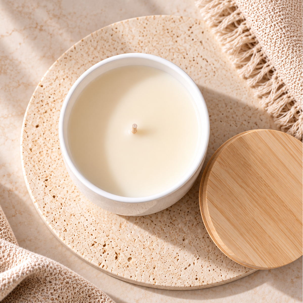 A white ceramic candle jar with a single wick and cream-colored wax, shown on a round speckled beige stone coaster with a light wood lid beside it and soft beige textiles in the background.
