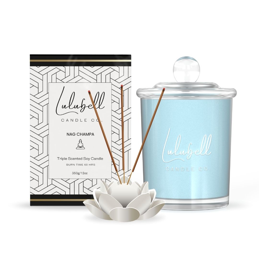 Lulubell Candle Co. candle with packaging and decorative elements on a white background