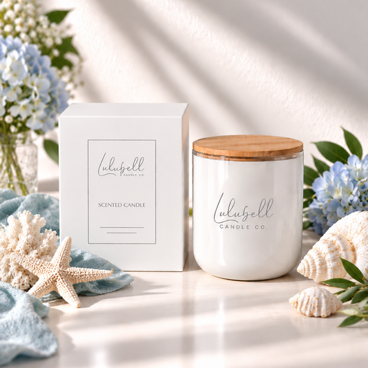 A white scented candle jar with a bamboo wood lid sits beside its white packaging box on a bright surface. The candle and box are branded 'Lulubell Candle Co.