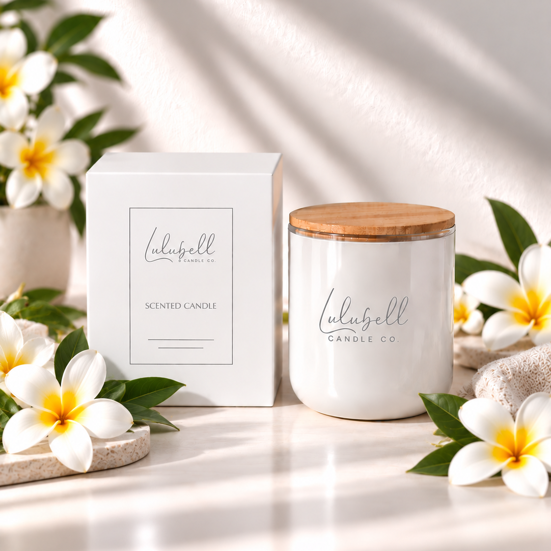 A white scented candle jar with a bamboo wood lid sits next to its white packaging box on a light marble surface, surrounded by white frangipani flowers and soft natural shadows.