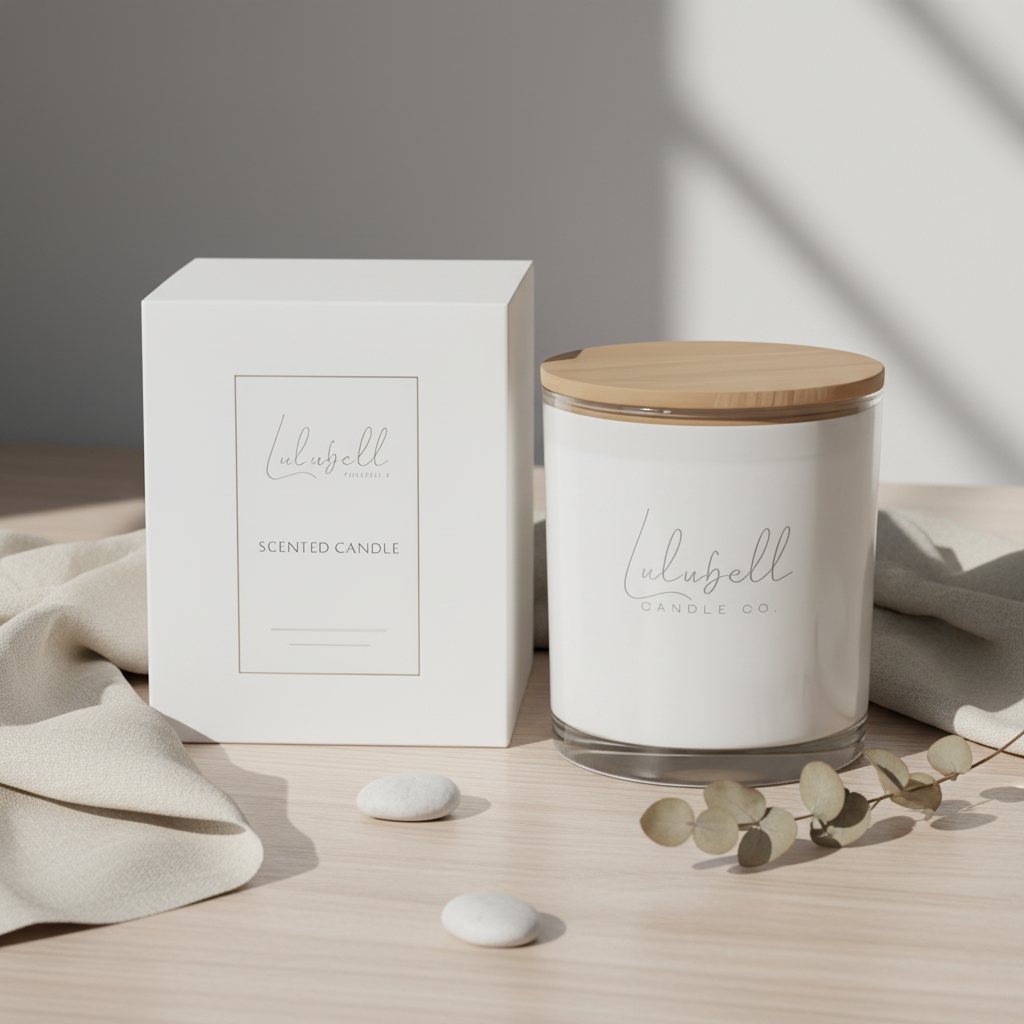 Lulubell scented candle with wooden lid and packaging on a neutral background