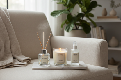 Room Lift Signature Bundle — soy candle, reed diffuser and room spray styled on a marble tray in a warm, sunlit living room with soft linen textures and neutral tones